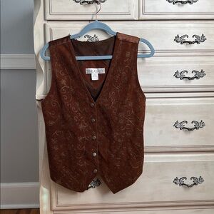 Vintage Boho Brown Embroidered Leather Vest